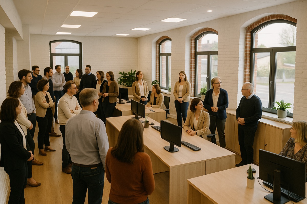 Une réunion d'équipe dans un bureau moderne avec de grandes fenêtres et des plantes, le personnel est à l'écoute.