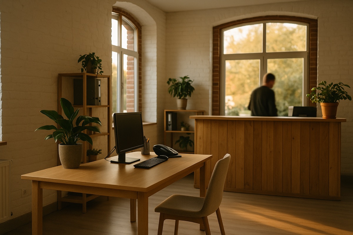 Bureau moderne avec une table en bois, un ordinateur et des plantes, éclairé par la lumière naturelle.