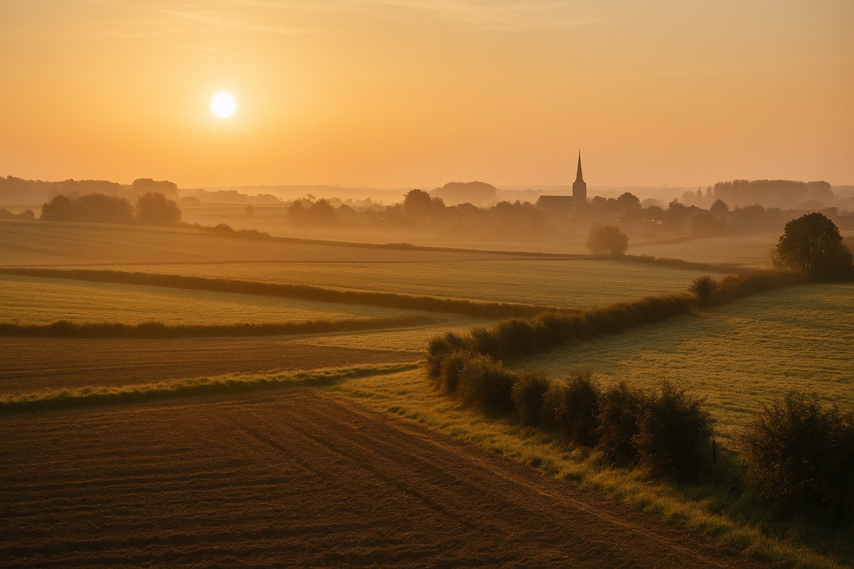 Paysage de campagne au lever du soleil, champs verdoyants et églises en arrière-plan, lumière douce et brume légère.
