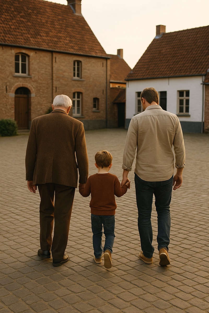 Un grand-père, son fils et son petit-fils marchent main dans la main sur un pavé, avec des maisons en arrière-plan au crépuscule.