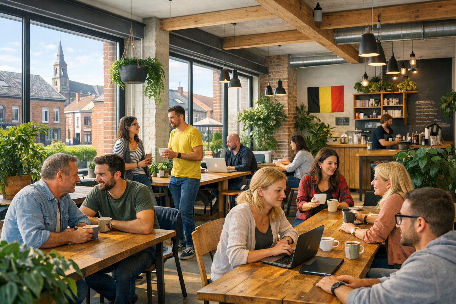 Espace de coworking moderne et lumineux à Frameries, ambiance locale et conviviale, lumière naturelle, plantes, tables en bois.