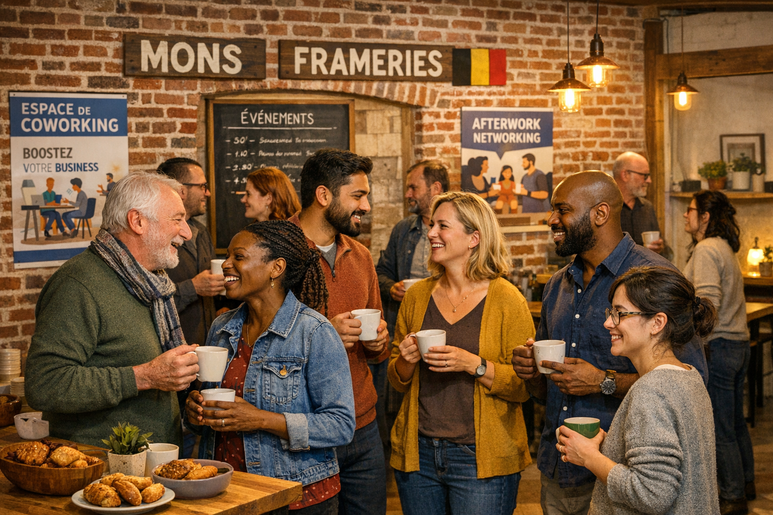 Événement communautaire dans un coworking à Frameries, groupe varié autour d'un café, ambiance chaleureuse, échanges, affiches sur les murs.
