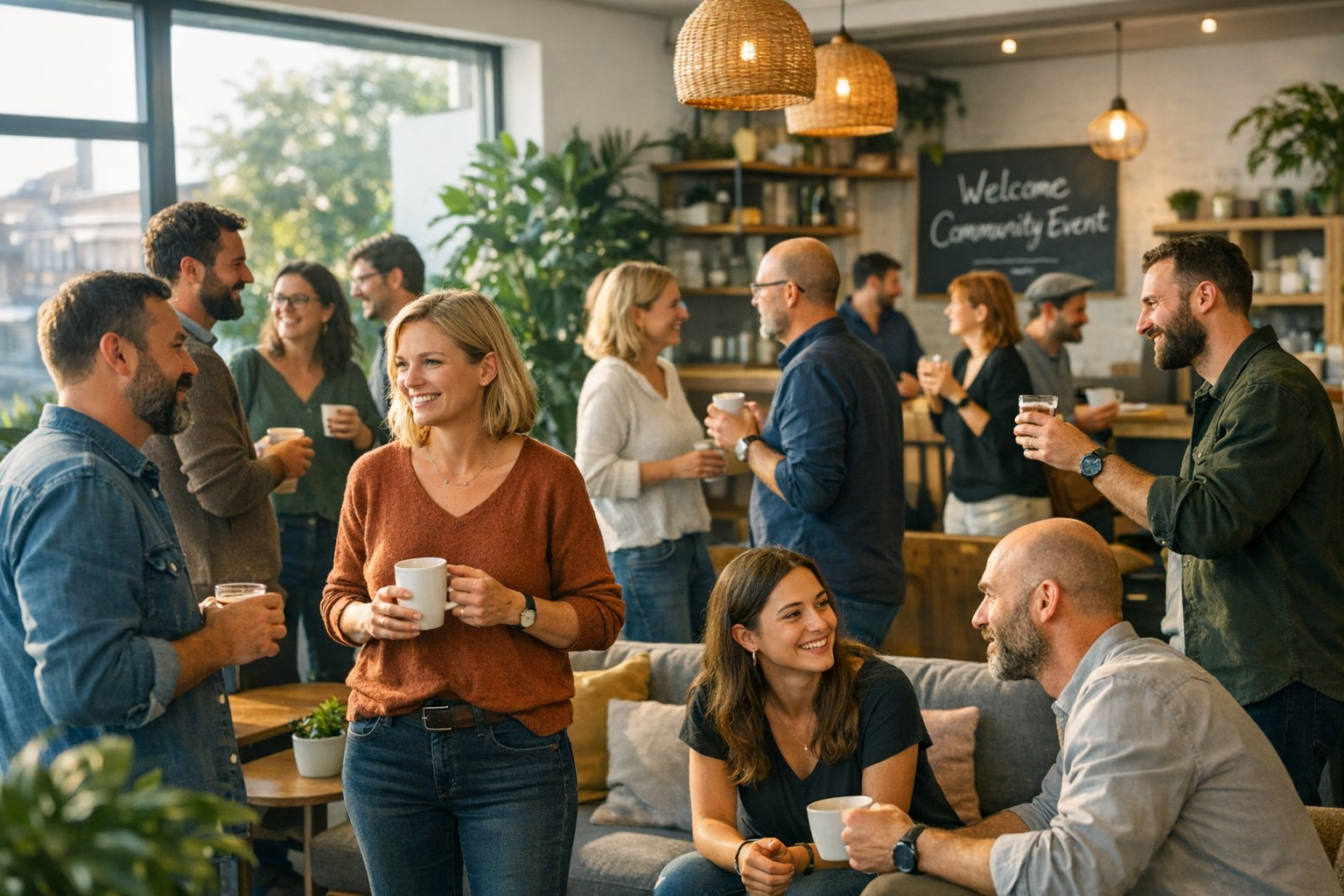 Communauté coworking en événement, ambiance détendue à Frameries, échanges autour d’un café.