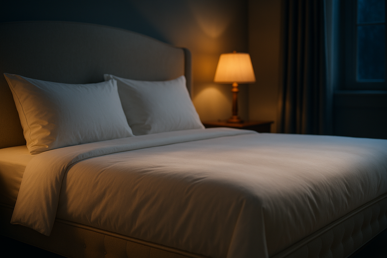 Chambre premium, lumière chaude nocturne, literie soignée pour le confort du dos