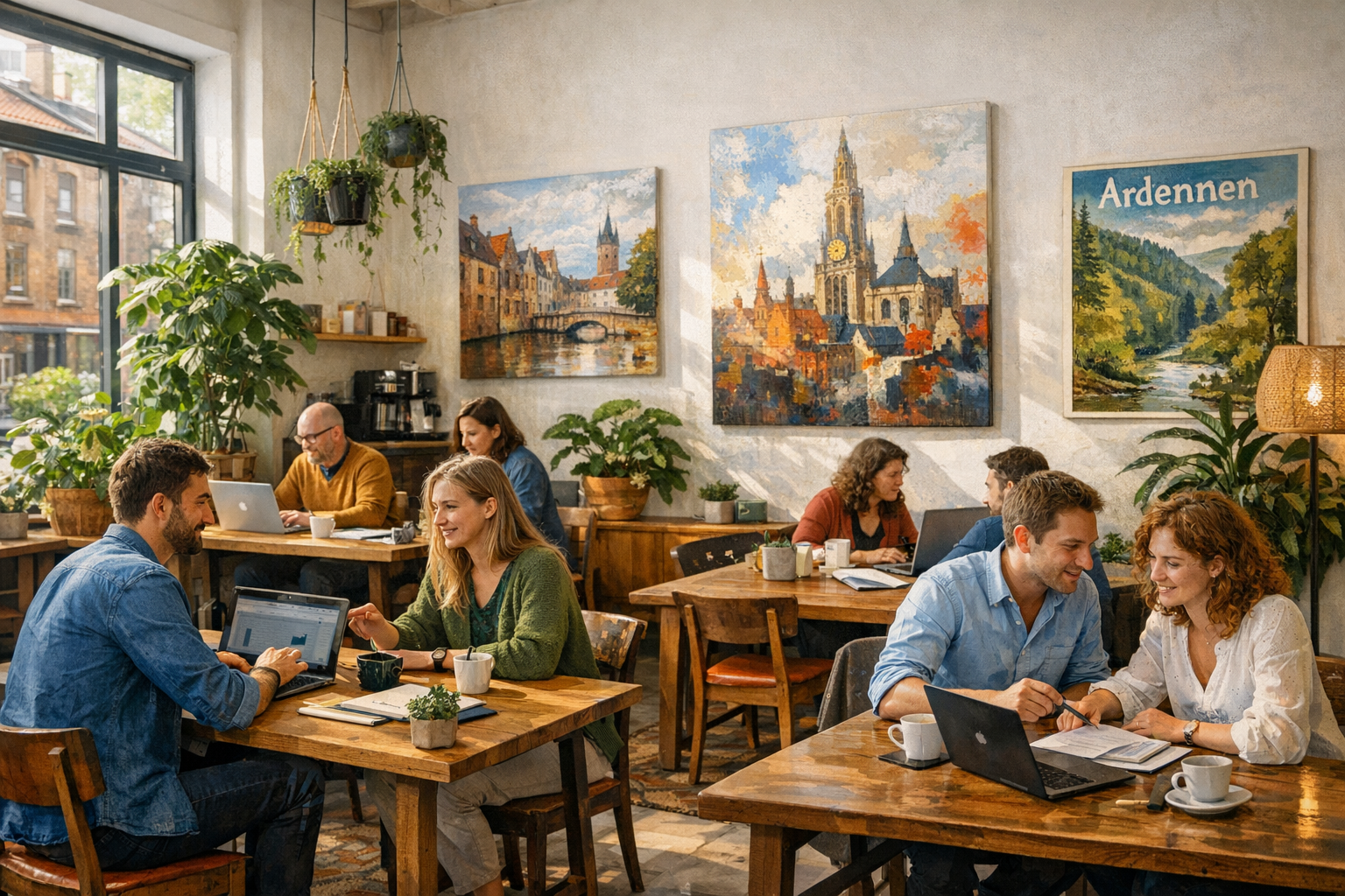 Espace de coworking lumineux et convivial à Frameries, personnes en train de travailler, ambiance chaleureuse, plantes et art local.