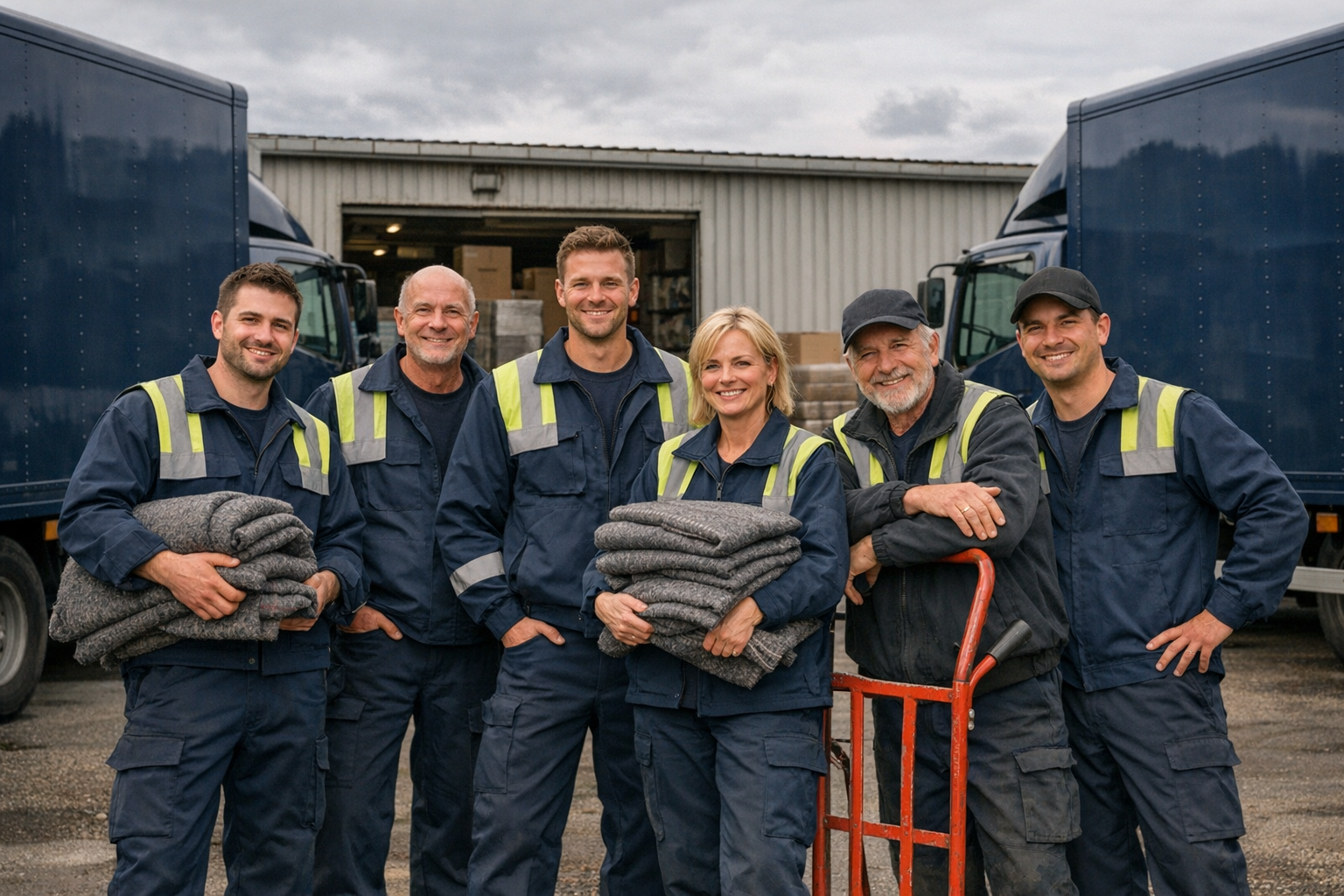 L'équipe RUI Déménagements devant l'entrepôt à Jumet