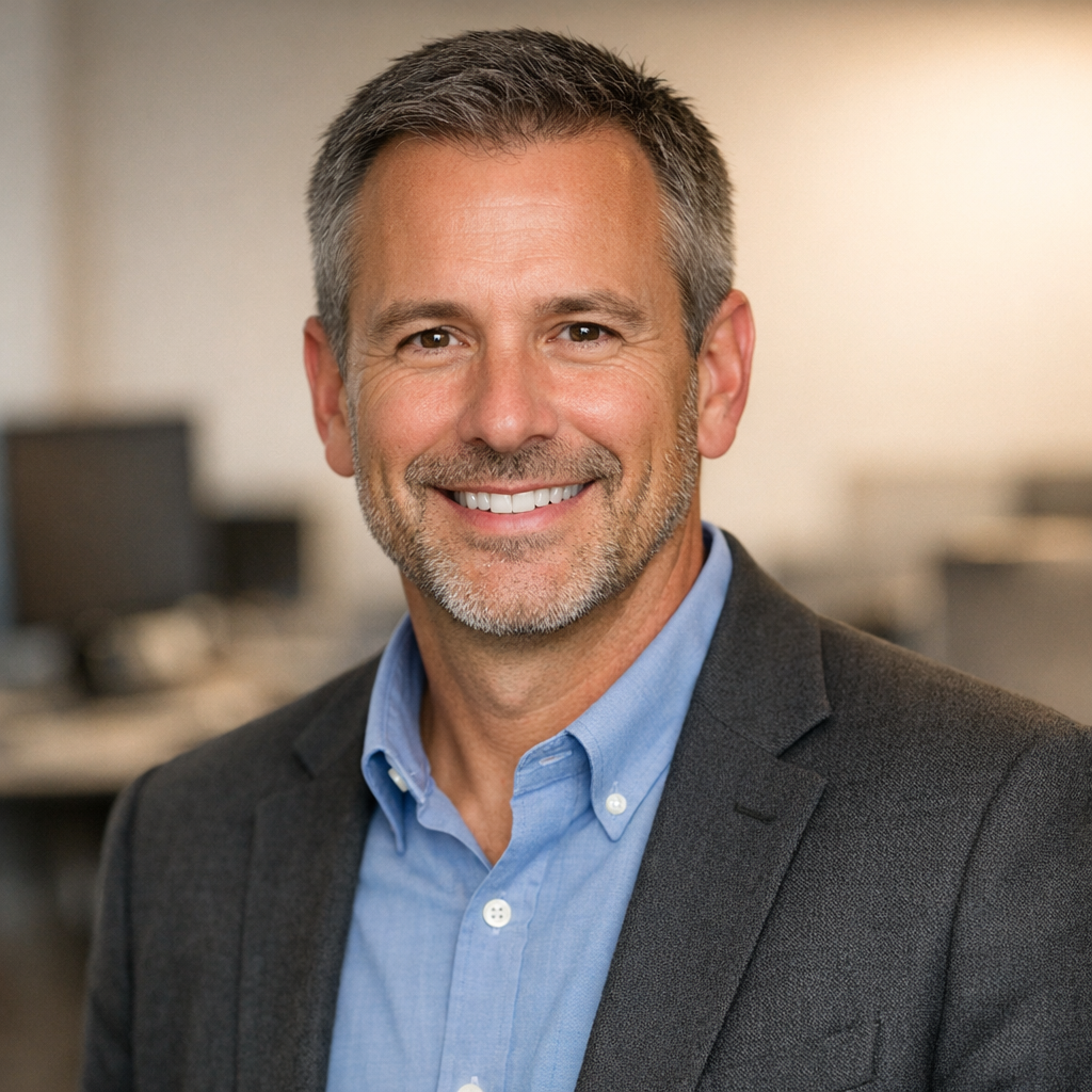 Portrait professionnel d'un homme en tenue professionnelle, souriant, fond neutre