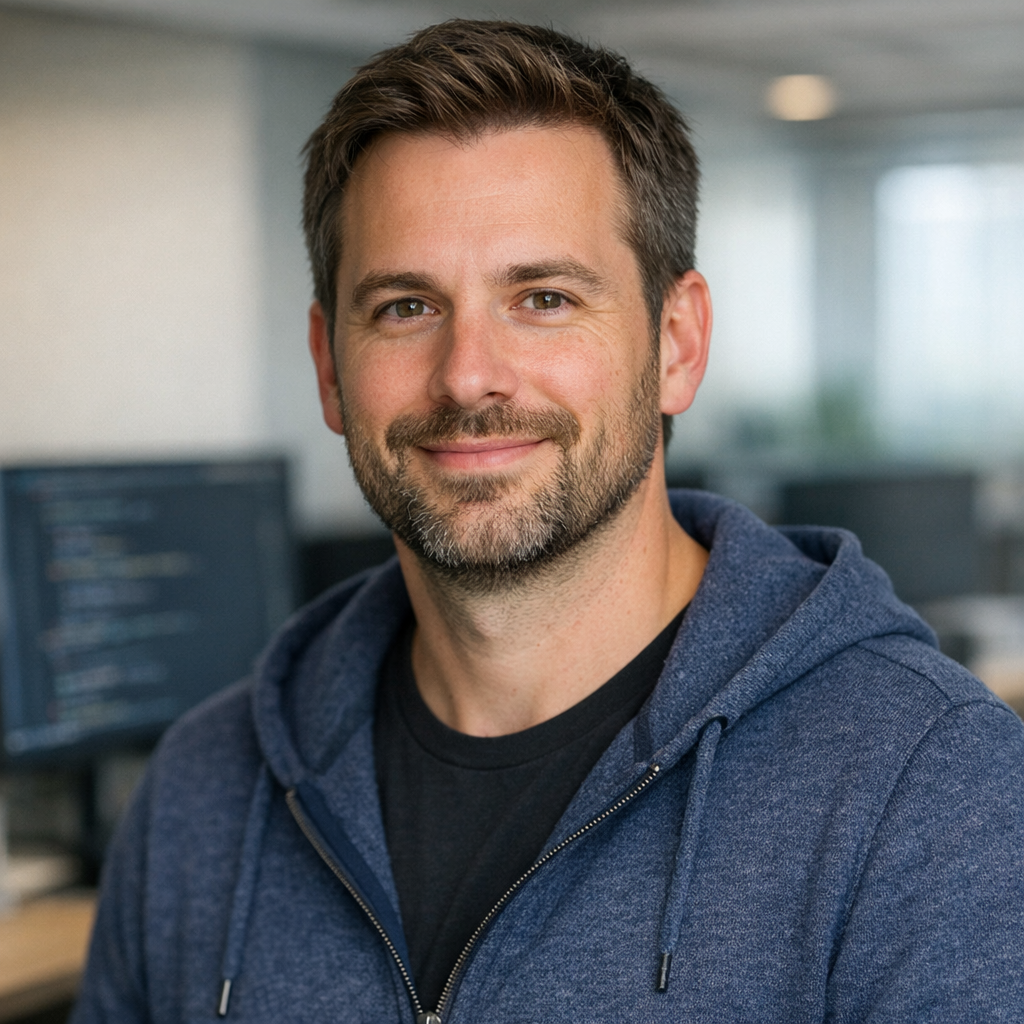 Portrait professionnel d'un développeur informatique, expression amicale, fond neutre