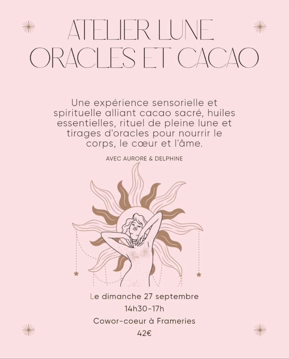 Affiche de l'atelier Lune sur les oracles et le cacao, avec un design doux et couleur pastel. Informations sur l'événement et les intervenants.