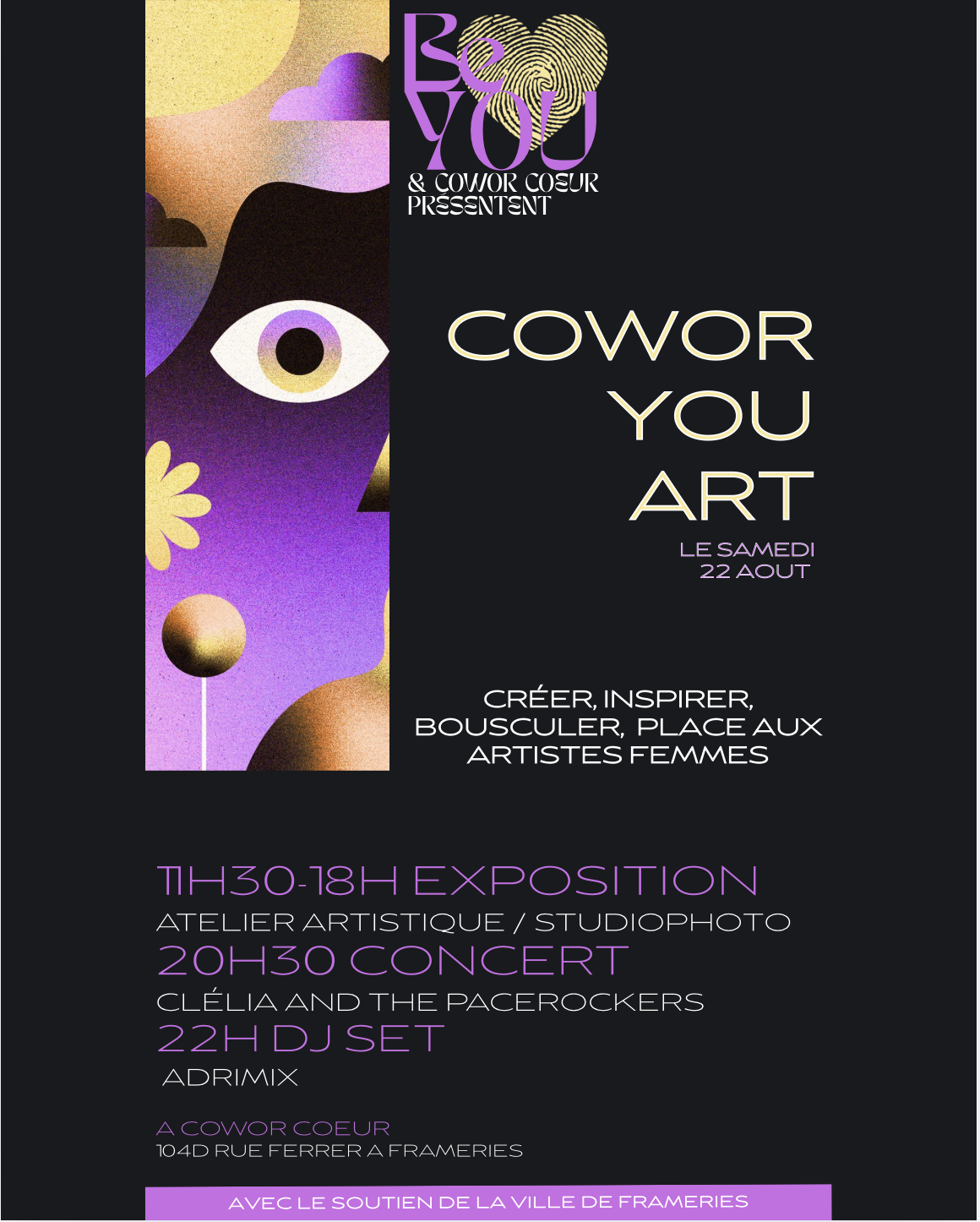 Affiche de l'événement Cowor You Art à Cowor Coeur, avec des informations sur une exposition, des ateliers et un concert.