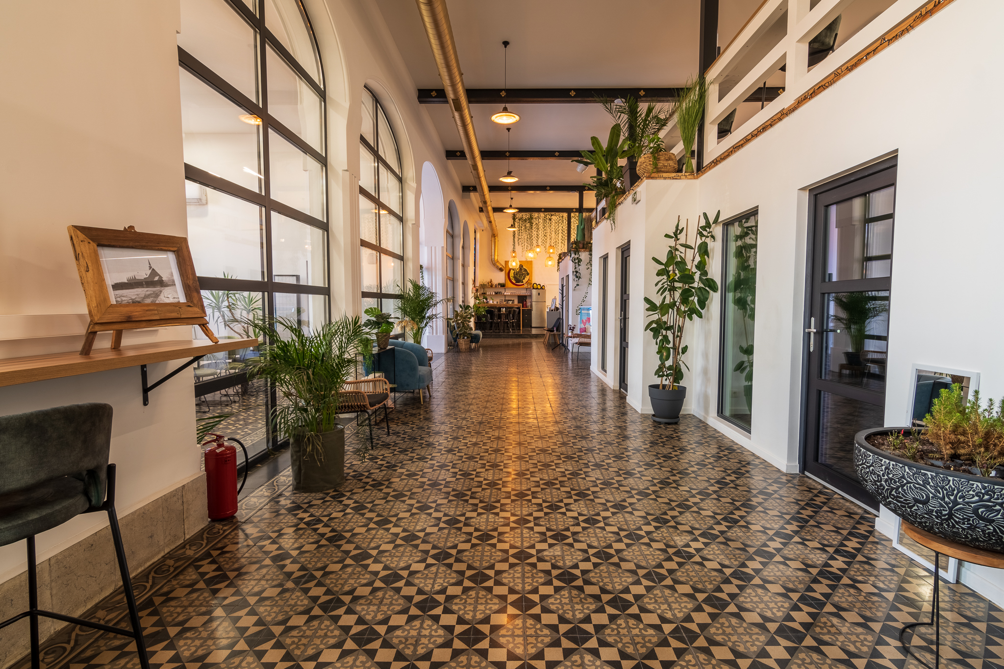 Un couloir lumineux dans un espace de coworking, décoré de plantes et de meubles modernes, avec un sol graphique.