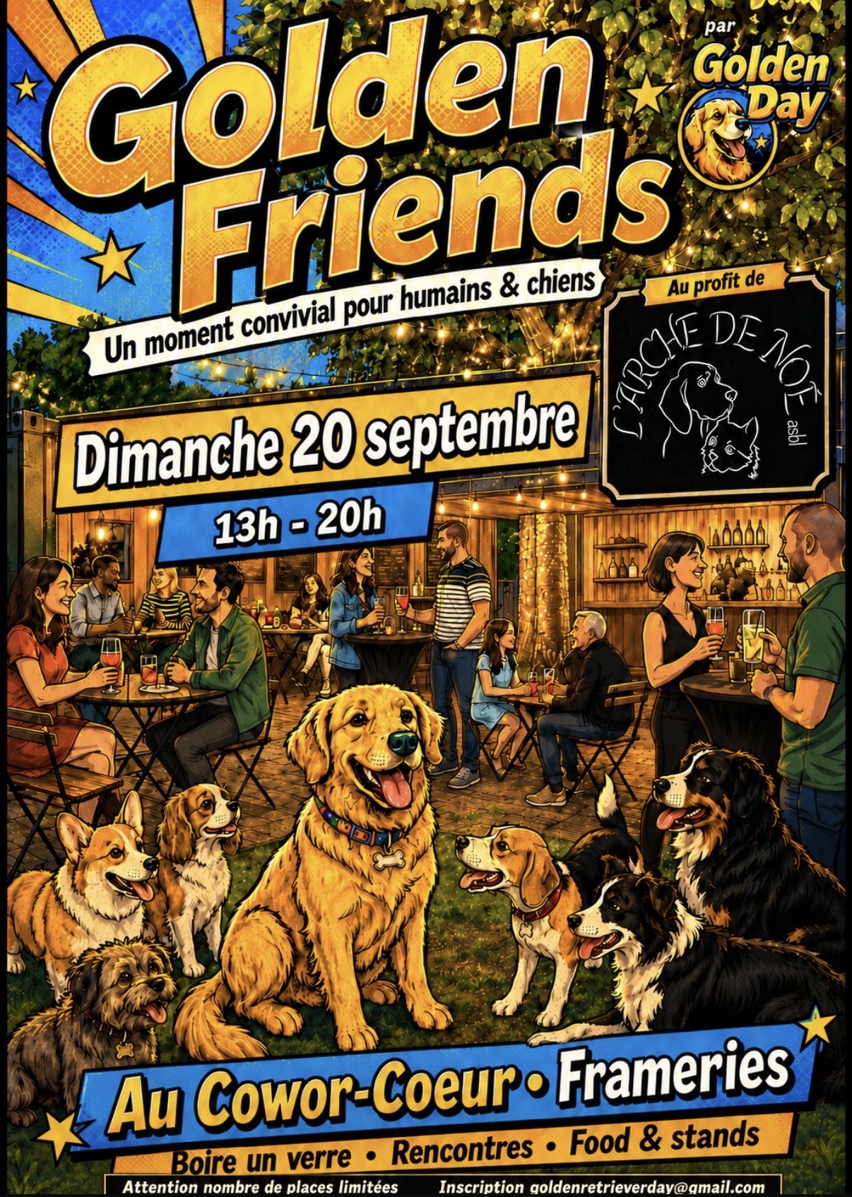 Affiche d'un événement convivial au Cowor-Coeur, réunissant des personnes et des chiens dans une ambiance chaleureuse.