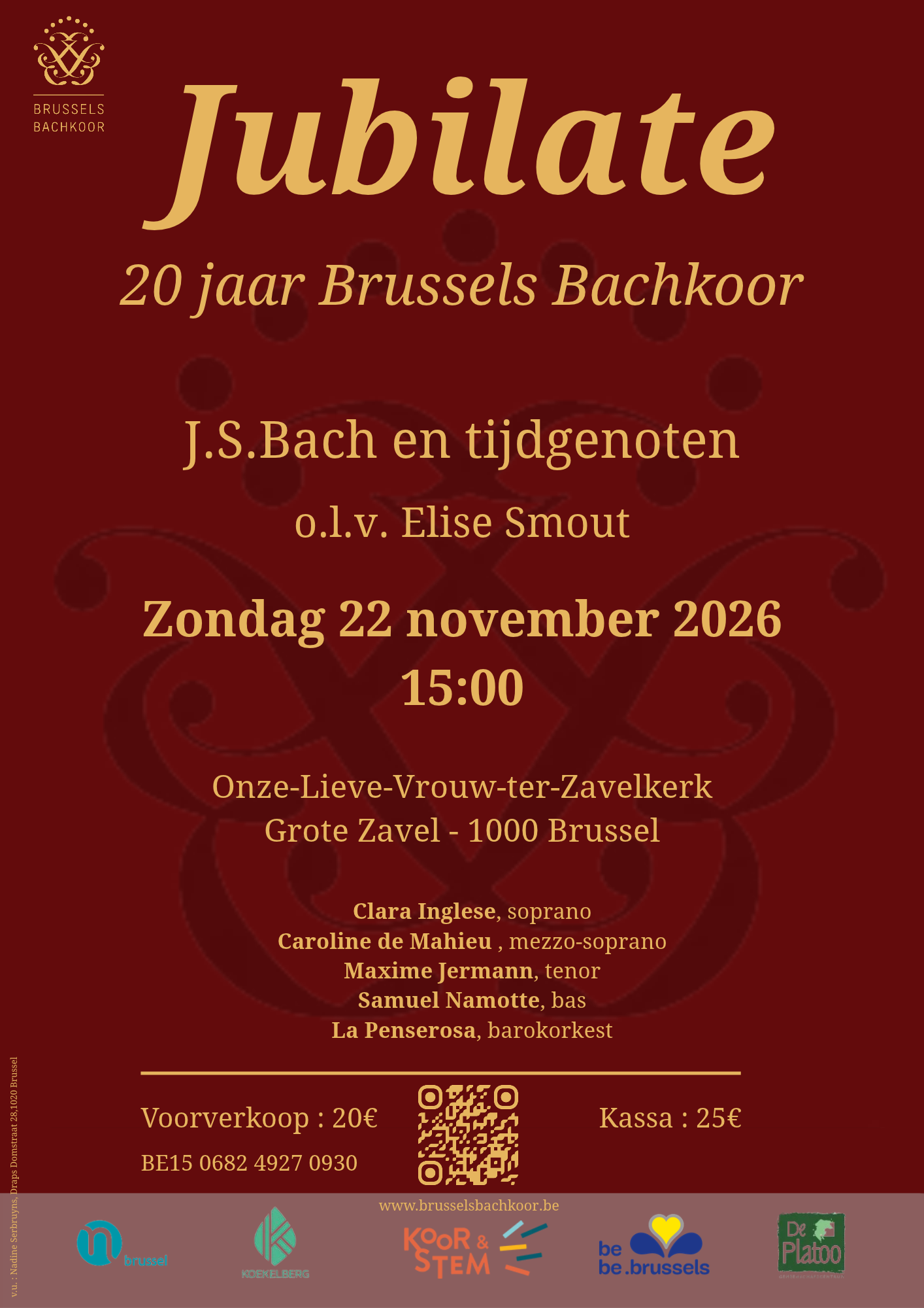 Affiche voor het jubileumconcert van Brussels Bachkoor, met J.S. Bach en tijdgenoten. Met details van de locatie en artiesten.