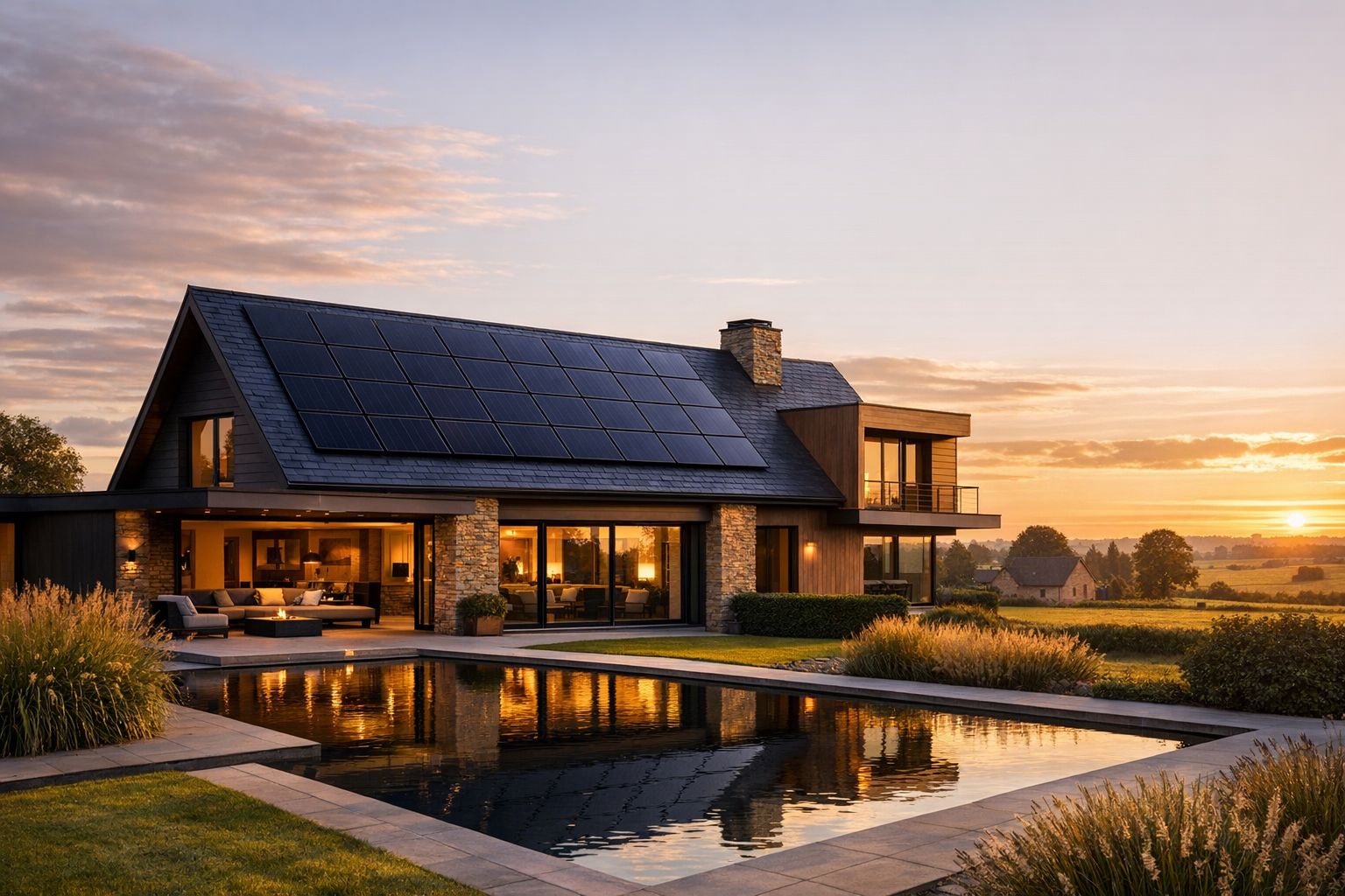 Maison moderne avec panneaux solaires, piscine réfléchissante et paysage verdoyant au coucher du soleil.