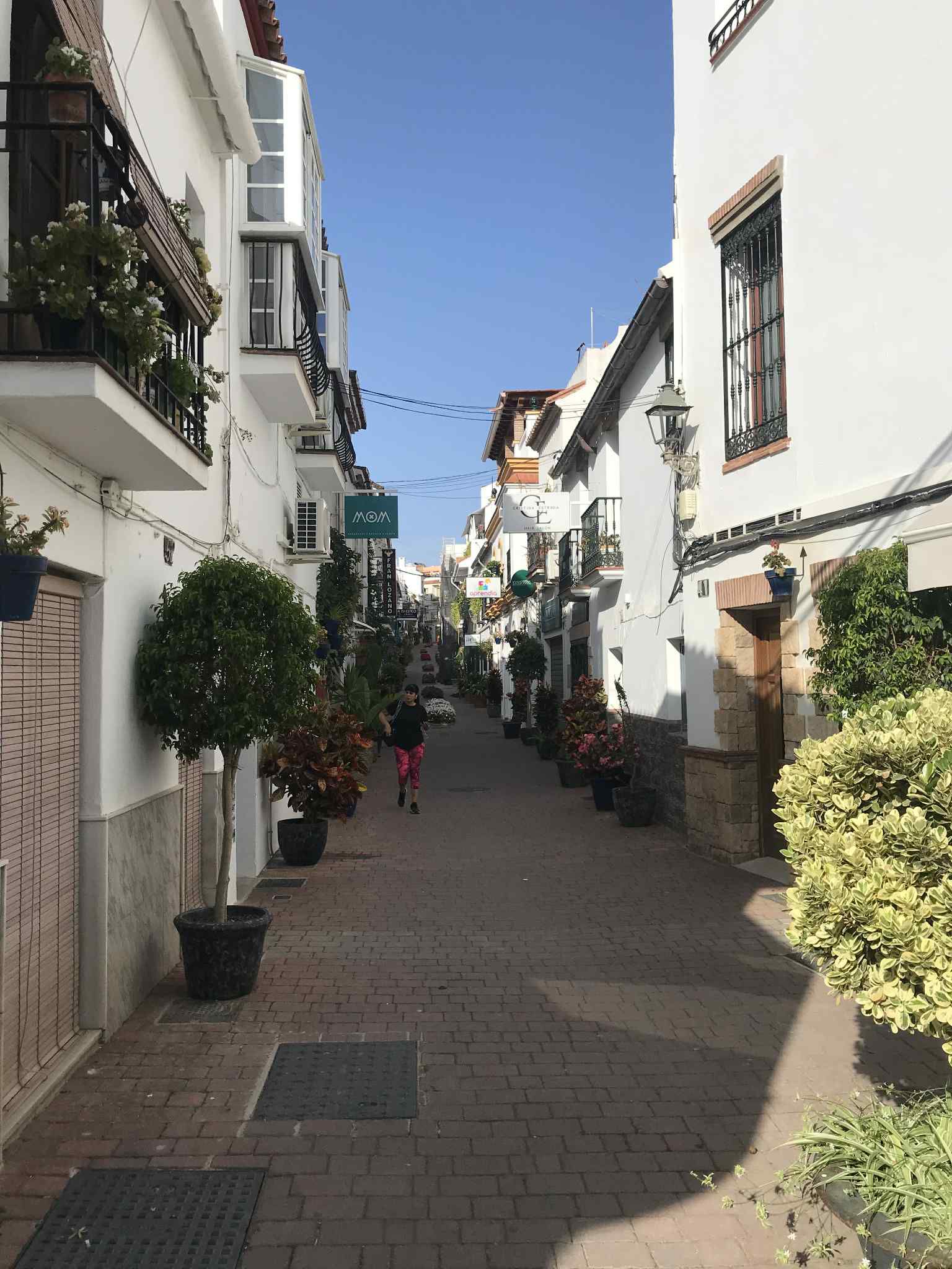 Une charmante ruelle pavée typique de la Costa del Sol, ornée de fleurs et de maisons blanches sous un ciel bleu.
