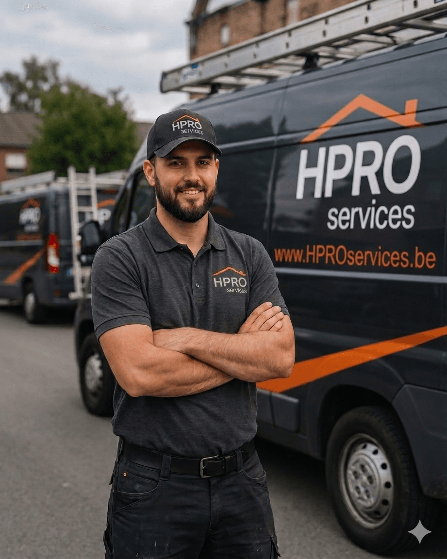 Un homme souriant en tenue de travail se tenant devant des véhicules de service, dans un environnement urbain, avec un ciel nuageux.