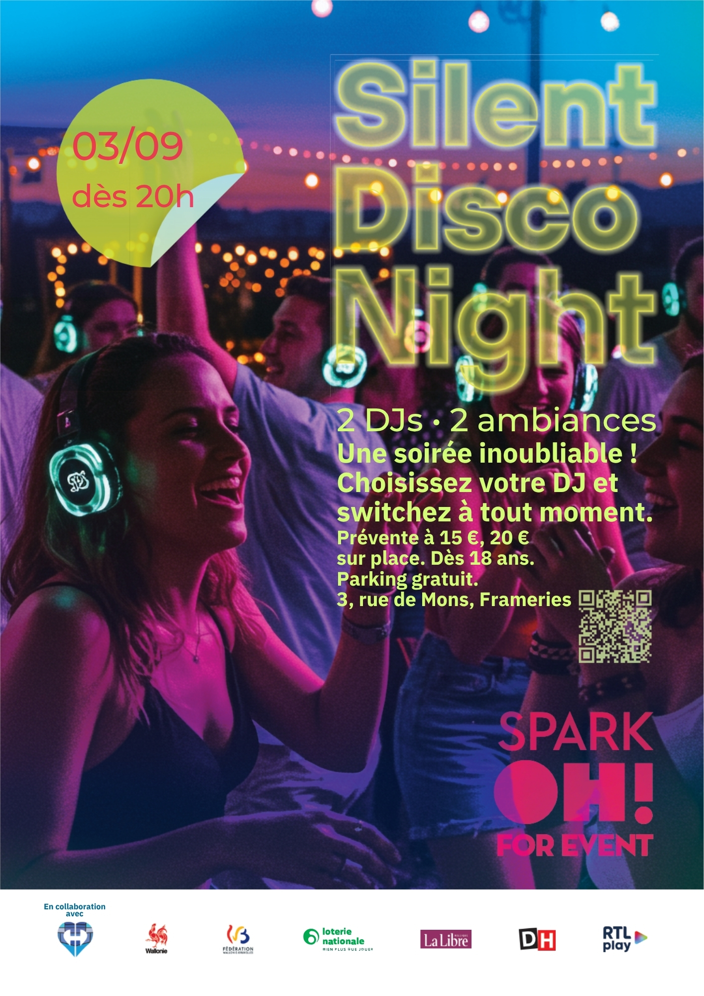 Affiche pour une Silent Disco Night avec des participants portant des casques lumineux dans une ambiance festive.