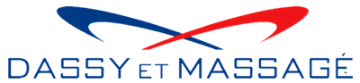 Logo de Dassy et Massagé avec un design de courbes bleu et rouge.