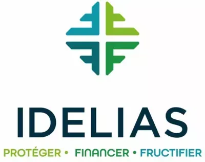 Logo d'IDELIAS avec le slogan "PROTÉGER • FINANCER • FRUCTIFIER" sous l'emblème en forme de croix stylisée.