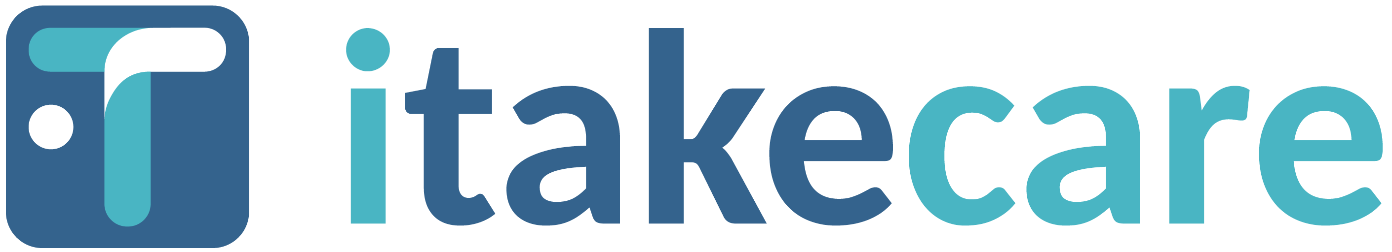 Logo stylisé avec le texte "itakecare" en bleu et turquoise sur fond transparent.