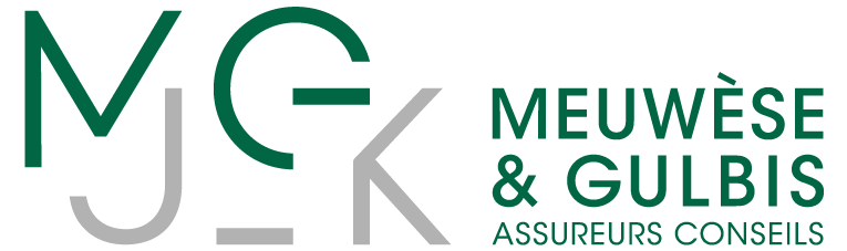 Logo de l'entreprise "Meuwèse & Gulbis Assureurs Conseils" avec les lettres MJGK stylisées en vert et gris.