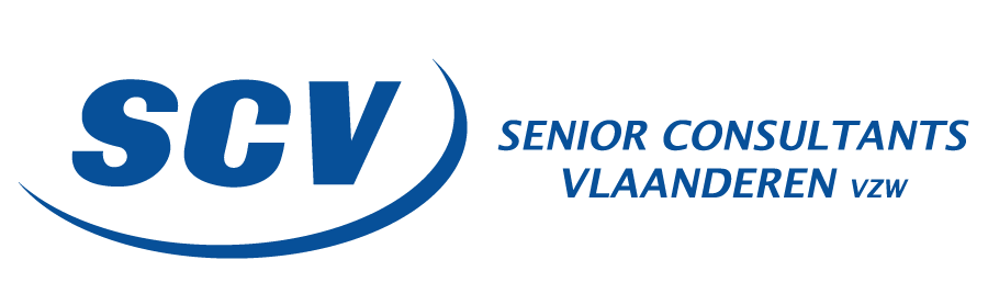 Logo de SCV, Senior Consultants Vlaanderen vzw, avec un design en bleu.
